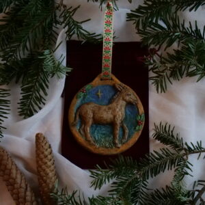 Polychrome Christmas Donkey Ornament, Cast Hydrostone Hand Painted with Oils